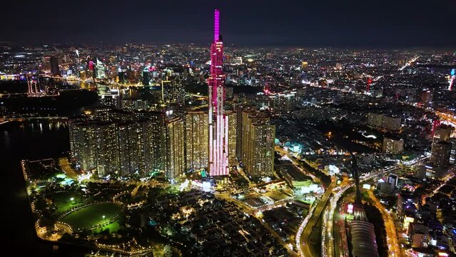 Aerial view of Ho Chi Minh City skyline and skyscrapers in center of heart business at Ho Chi Minh City downtown. Financial and business centers in developed Vietnam. Hyperlapse.