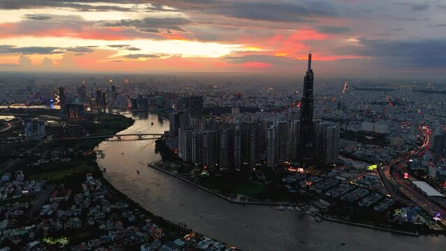 Aerial view of Ho Chi Minh City skyline and skyscrapers in center of heart business at Ho Chi Minh City downtown. Financial and business centers in developed Vietnam.