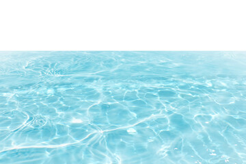 Defocus blurred transparent blue colored clear calm water surface texture with splashes reflection. Trendy abstract nature background. Water waves in sunlight with copy space. Blue watercolor shine.