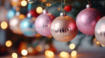 Christmas tree garland on the blurred background. Christmas garland, colorful balls. Christmas garland decor for Christmas. Horizontal banking background for web. Photo AI Generated