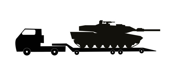 Camion militaire et remorque avec char d'assaut vu de profil © guitou60