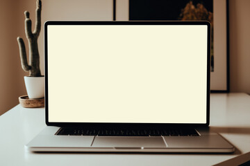 Laptop with blank screen on white table. Mockup