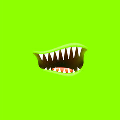Vector Cartoon open monster shark mouth isolated on green screen background. Funny and cute Halloween Monster open mouth with big vampire fangs