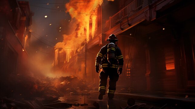 Firefighter in Full Gear Battling a Blaze - Emergency Response, generative AI