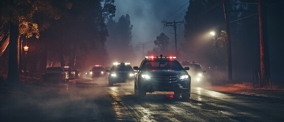 Idea for an action film. On a foggy, dark background, police cars and a miniature movie are displayed. A nighttime pursuit by a police cruiser. accident at the crime scene . - obrazy, fototapety, plakaty