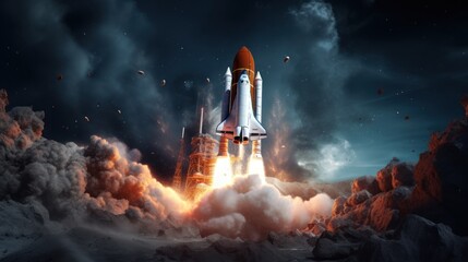 A rocket that takes off and flies into space. - obrazy, fototapety, plakaty