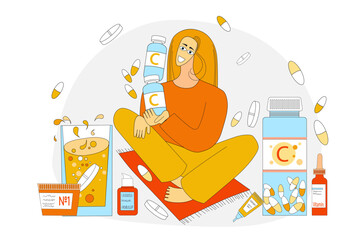 Vector illustration of a girl sitting on a carpet among jars, cones, capsules, tablets and vitamins, badds. Vitamin C in tablets jars and capsules on a white isolated background