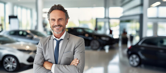 Portrait of happy mature businessman standing with arms crossed in car dealership - obrazy, fototapety, plakaty