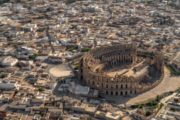 El Jem Coliseum seen from the sky. The largest Roman amphitheater in Africa. Unesco World Heritage.