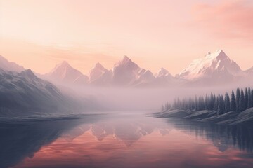 Fototapeta na wymiar Glistening snow-capped mountain peaks under a pale sunrise.
