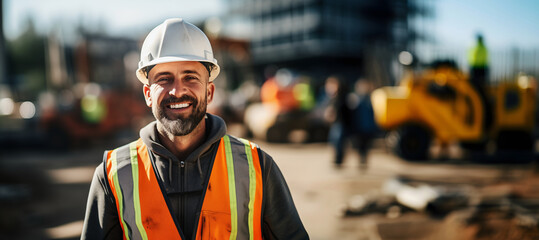 Portrait of a smiling man in a white helmet on a construction site - obrazy, fototapety, plakaty