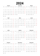 calendar Portuguese 2024, simple design element for organizers, planners, diary, agenda - obrazy, fototapety, plakaty