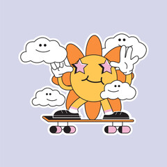 Free sticker vector illustration of sunflower riding a retro skateboard