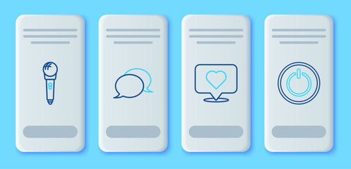 Set line Speech bubble chat, Like and heart, Microphone and Power button icon. Vector