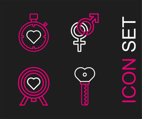 Set line Key in heart shape, Heart the center of darts target aim, Gender and stopwatch icon. Vector