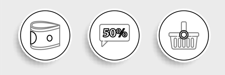 Set line Shopping basket, Stacks paper money cash and Fifty discount percent tag icon. Vector