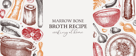 Healthy food background in color. Marrow bone broth banner. Hot soup on plates, pans, bowls, organ meat, vegetables, marrow bones sketches. Hand drawn vector illustrations. Homemade food ingredient