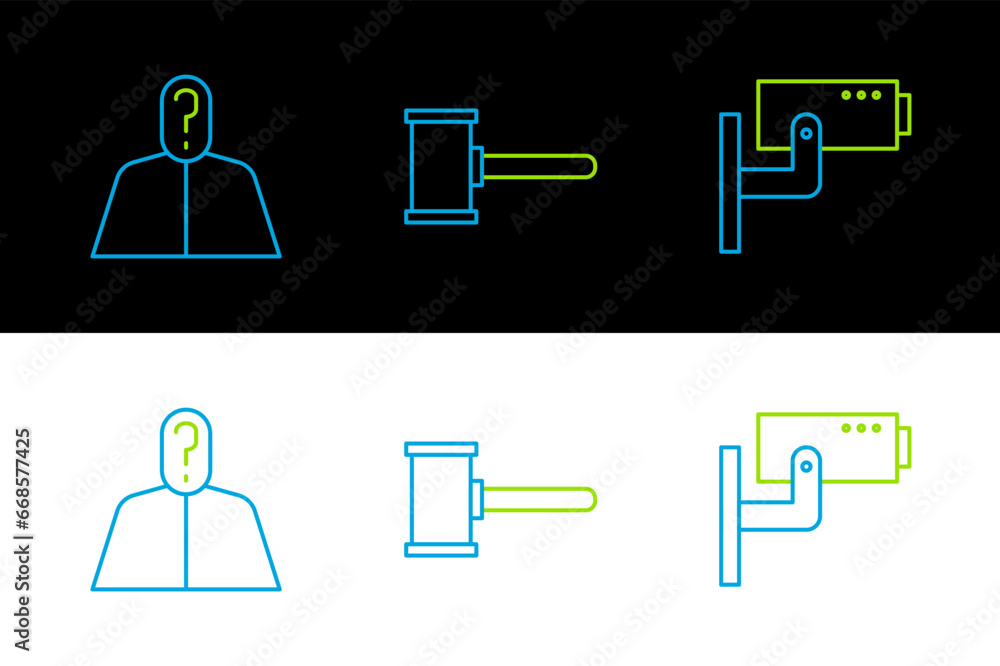 Poster set line security camera, anonymous with question mark and judge gavel icon. vector
