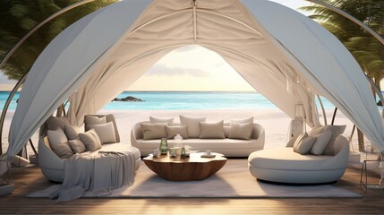 A modern luxury beach tent with flowing curtains and comfortable seating. - obrazy, fototapety, plakaty