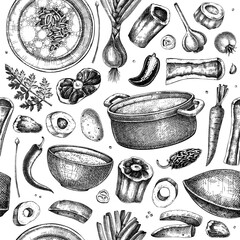 Healthy food set. Marrow bone broth, hot soup served on plates, pans, bowls, vegetables, organ meat, marrow bones sketches. Hand drawn vector illustrations. Homemade food menu design elements - 668577650