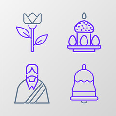Set line Ringing bell, Jesus Christ, Easter cake and eggs and Flower tulip icon. Vector