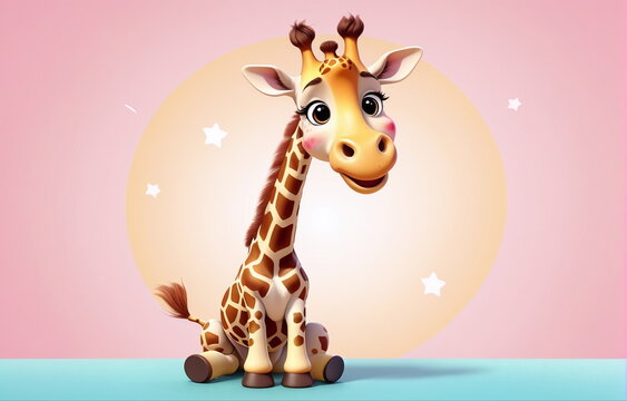 A super cute giraffe with big eyes and a smiling face is looking at you.
