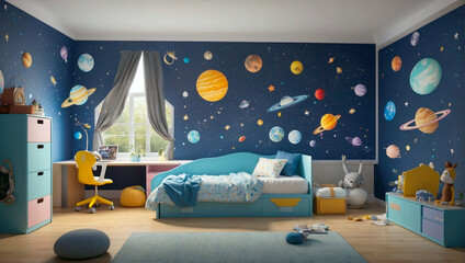 Space theme. Creative and bright eco design of a children's room. Bright fantasy wallpaper on the wall of baby room.