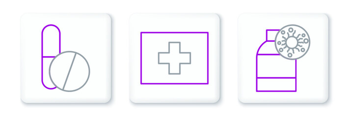 Set line Bottle with virus, Medicine pill or tablet and First aid kit icon. Vector