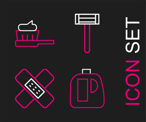 Set line Bottles for cleaning agent, Crossed bandage plaster, Shaving razor and Toothbrush with toothpaste icon. Vector