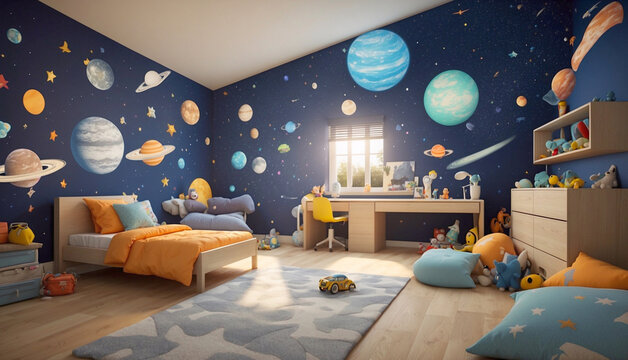 Fototapeta Space theme. Creative and bright eco design of a children's room. Bright fantasy wallpaper on the wall of baby room.