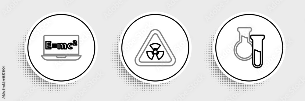 Poster set line test tube and flask, equation solution and triangle with radiation icon. vector