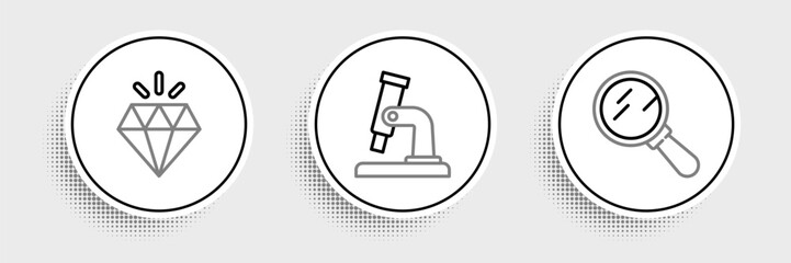 Set line Magnifying glass, Diamond and Microscope icon. Vector