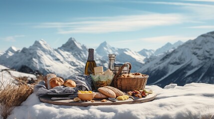 Alpine Breakfast Spread with Majestic Mountain View - obrazy, fototapety, plakaty