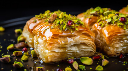 Delicious Turkish Dessert Baklava Close-Up - obrazy, fototapety, plakaty