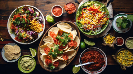 Mexican food table scene. Top view on a white wood background