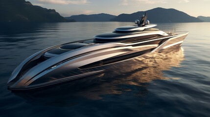 A luxury motor yacht with a helipad and sleek, aerodynamic design.
