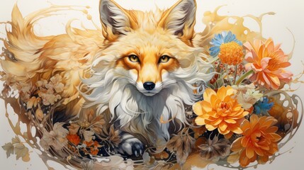 Fototapeta premium The fox sitting among a lotus flower and sun