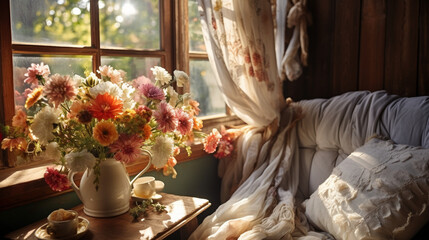 An open window with billowing sheer curtains and the golden sunbeam embracing a bouquet of freshly picked autumn flowers in a charming, shabby-chic interior