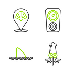 Set line Octopus, Shark fin in ocean wave, Gauge scale and Scallop sea shell icon. Vector