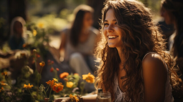 Summer illustration of smiling hippie woman in garden on picnic with flowers and herbs. Wallpaper, background.