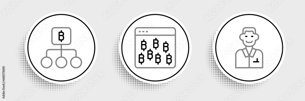 Poster set line trader, blockchain technology bitcoin and browser icon. vector