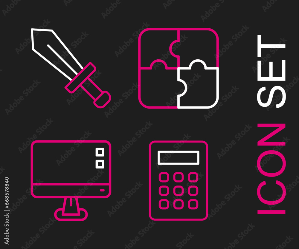 Aufkleber set line calculator, computer monitor screen, piece of puzzle and sword for game icon. vector