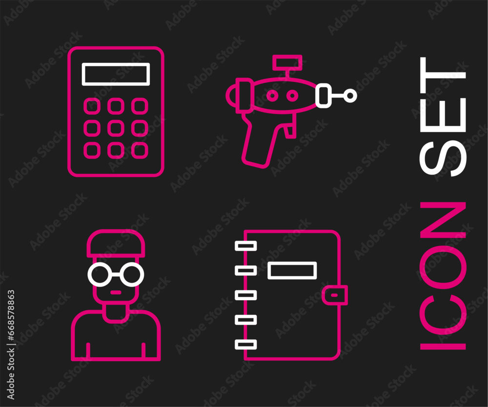 Poster set line spiral notebook, nerd geek, ray gun and calculator icon. vector