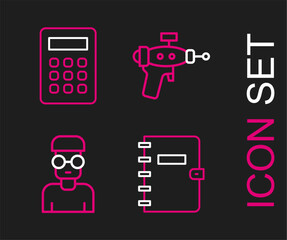 Set line Spiral notebook, Nerd geek, Ray gun and Calculator icon. Vector