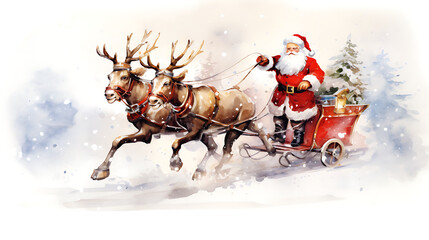 — Aujourd’hui à 11:11
Christmas greetings card, Santa Claus bringing presents on his sledge, watercolour, vivid colours, white background, frame free space