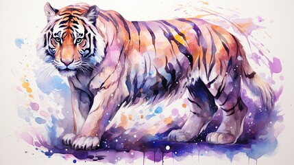 Watercolor Tiger on galaxy background 