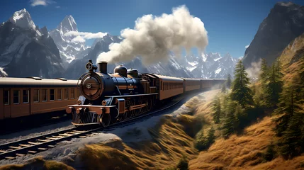 Poster The orient express train moving at speed on the track on a sunny day with mountains in the background 1920 © Alin