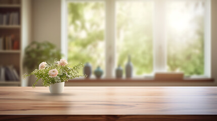 Fototapeta na wymiar A daytime room, a clean table, blurred background