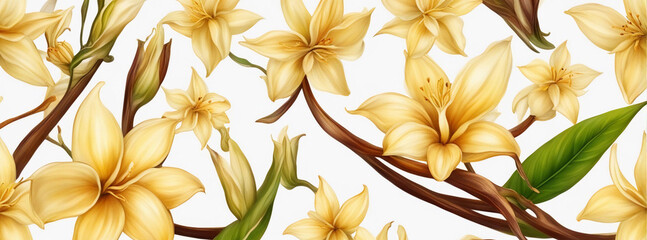 Tropical seamless pattern. Vanilla flowers. Generative AI.