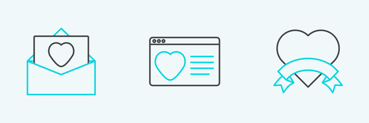 Set line Heart, Envelope with Valentine heart and Dating app online icon. Vector